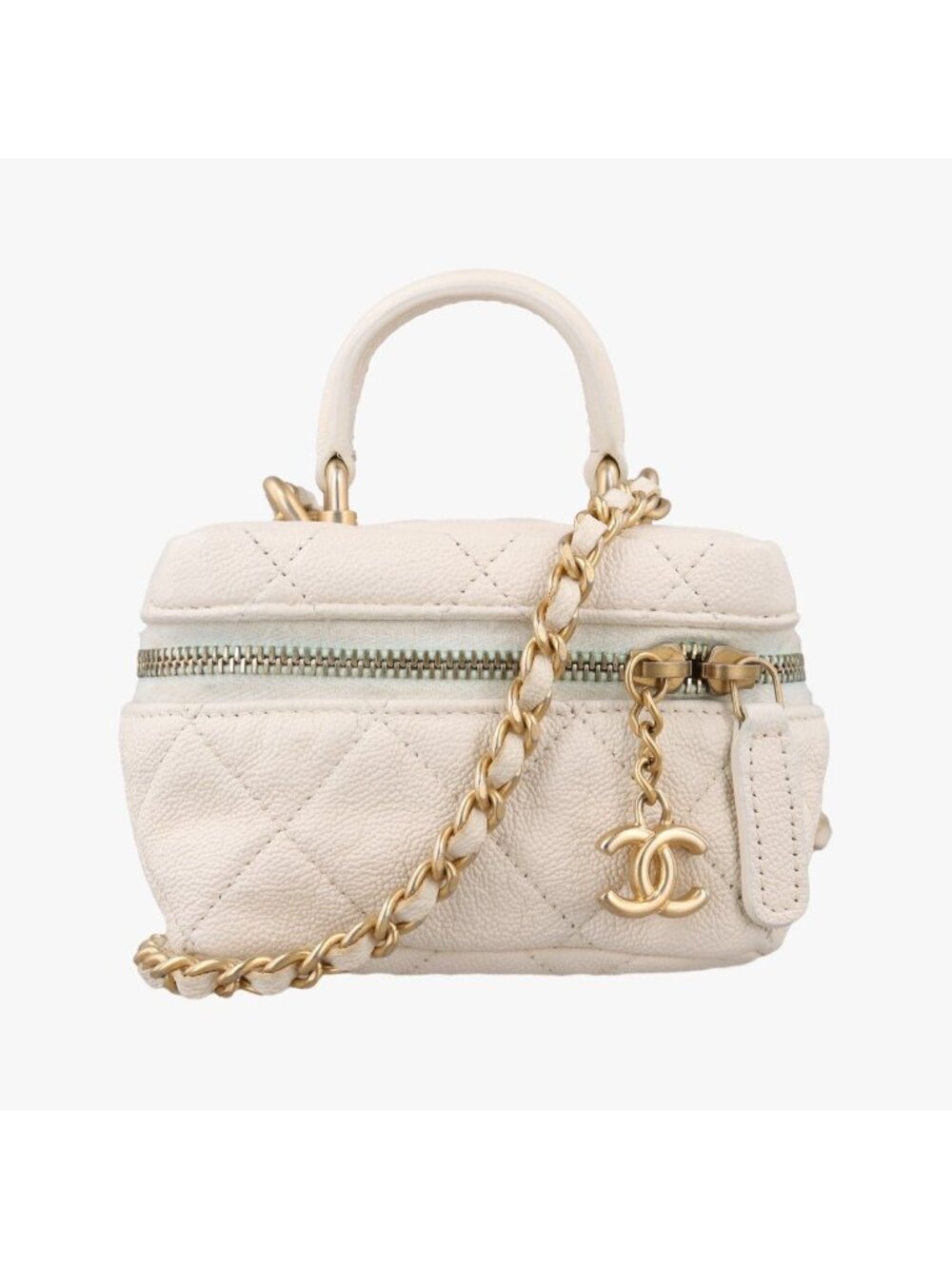 Chanel Quilted Mini Vanity Zip Around White Caviar Leather